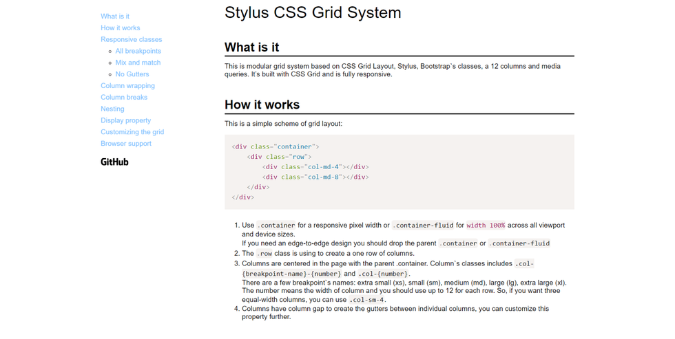 There is a screenshot of a page with a new grid system based on Bootstrap 4. In the left part of the page is a sticky navigation menu. On the right are headings, text content, and code snippets.